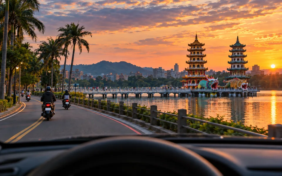 從駕駛座往前看,傍晚的蓮池潭湖畔道路,遠方是龍虎塔與九曲橋