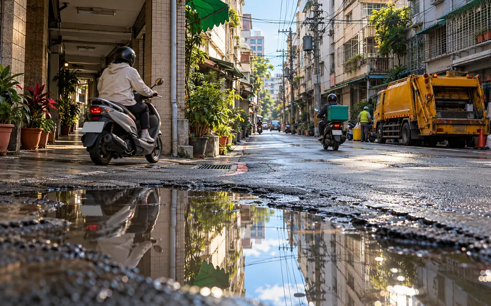 巷口街景:騎樓邊竄出的機車、積水坑洞、外送機車與停在路邊的垃圾車