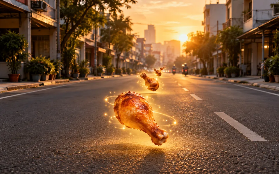 傍晚的街道上,發光的金色雞腿浮在車道上方,一路排向遠方